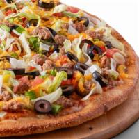 Beef Taco Gluten Free Pizza · Taco Sauce on our Original Crust, topped with Cheddar and Mozzarella Cheeses, Beef, Lettuce,...