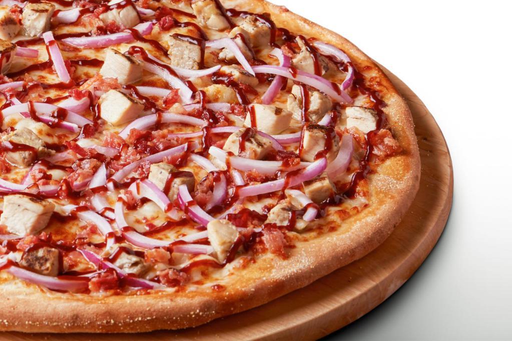 Gluten Free Texas Barbeque · Hot & Spicy Barbeque Sauce on our Original Crust, topped with Mozzarella Cheese, All-Natural Grilled Chicken, Smoked Bacon, and Red Onions.