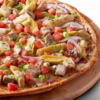 Gluten-Free Tuscan Garlic Chicken Pizza · Signature garlic white sauce topped with mozzarella and parmesan cheeses, all-natural grille...