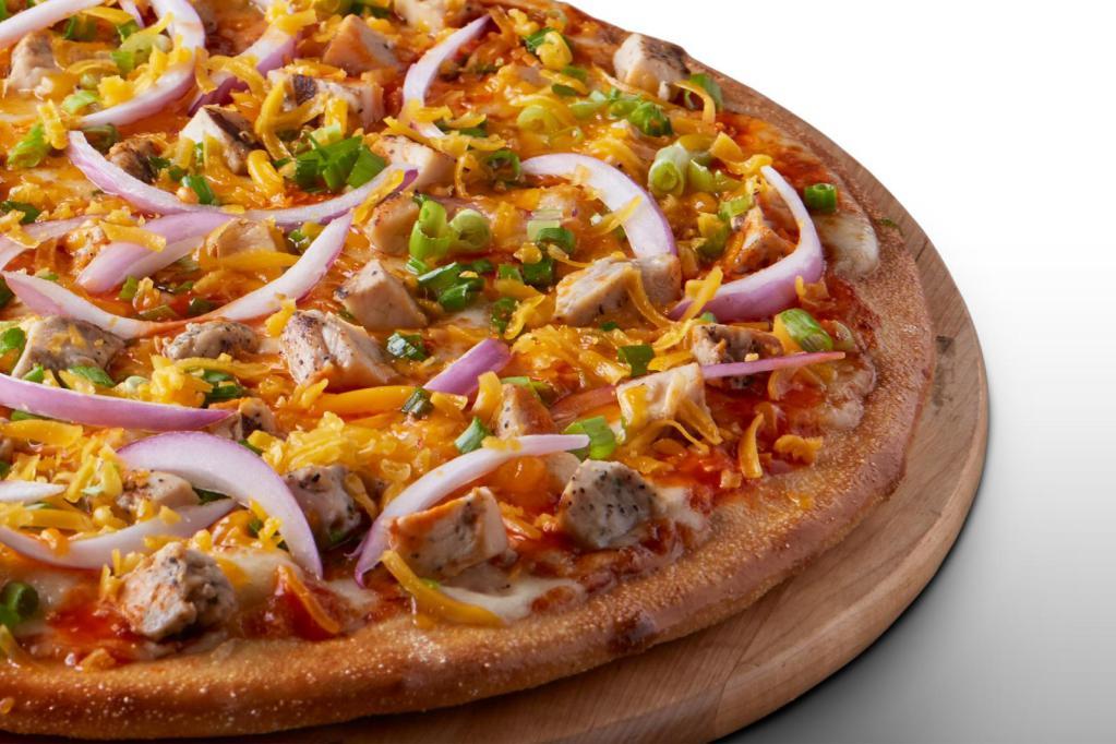Buffalo Chicken Gluten Free Pizza · Signature white garlic sauce, Frank's RedHot®️ Buffalo sauce, 100% whole milk mozzarella, cheddar cheese, all-natural grilled chicken, sliced red onions, and topped with fresh cilantro and more Frank's RedHot®️ Buffalo sauce.