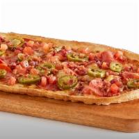 Fiery Pepperoni Bacon Flatbread · Dough with white sauce, mozzarella cheese, pepperoni, bacon, cooked tomatoes and jalapenos.