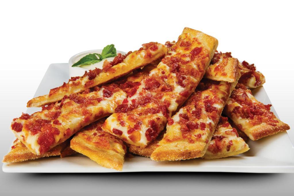 Cheezee Bacon Bread · Signature creamy garlic sauce, topped with mozzarella cheese and smoked bacon. Served with ranch sauce.