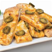 Jalapeño Cheezee Bread · Signature Creamy Garlic Sauce, topped with Mozzarella Cheese, Cheddar Cheese, and Jalapeños