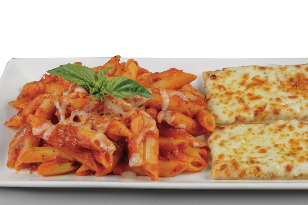 Penne Cheese Marinara · Penne rigati, marinara sauce, mozzarella, herbs and spices. Served with two slices of our delicious cheezee garlic bread. 