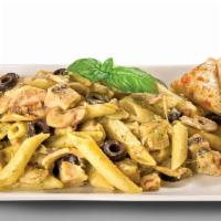 Creamy Pesto Chicken · Penne rigati, creamy pesto sauce, mozzarella, black olives, mushrooms and all-natural grille...