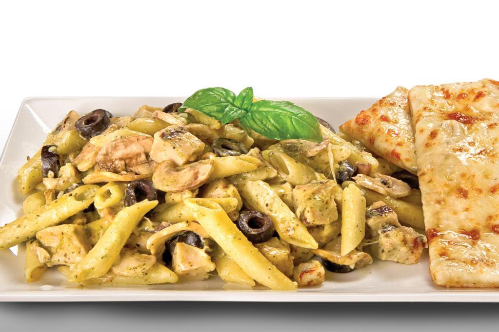 Creamy Pesto Chicken Pasta · Penne rigati, all-natural grilled chicken, mushrooms, black olives, and mozzarella cheese, all tossed in our creamy pesto sauce.