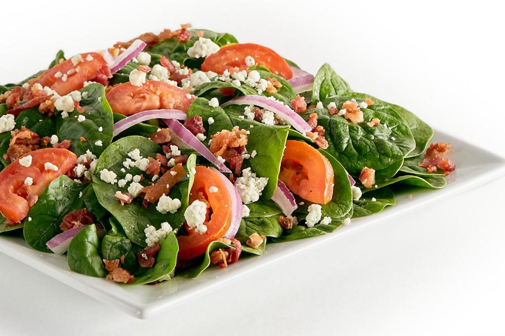 Spinach Tomato Salad · Spinach, tomatoes, red onions, bacon and Gorgonzola cheese.