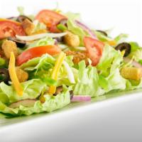 Garden Salad · Iceberg lettuce, bell peppers, red onion, Roma tomatoes, mozzarella cheese, cheddar cheese, ...