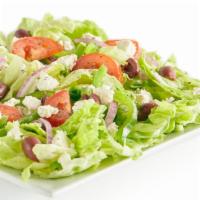 Mediterranean Salad · Iceberg lettuce, bell peppers, red onions, Roma tomatoes, Kalamata olives, green onions, fet...