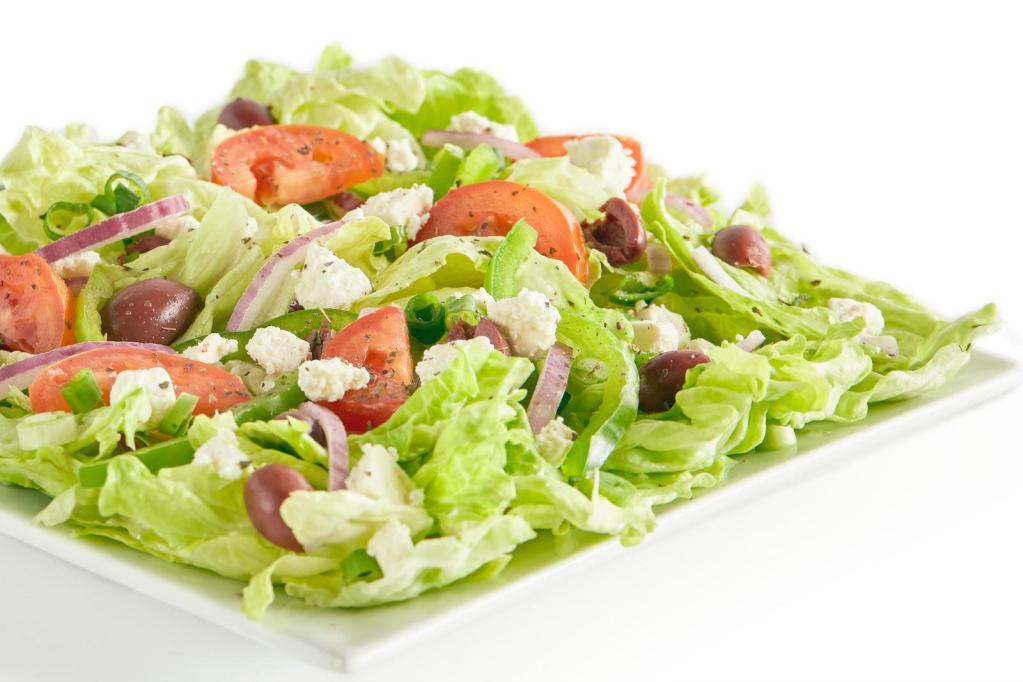Mediterranean Salad · Iceberg lettuce, bell peppers, red onions, fresh Roma tomatoes, Kalamata olives, green onions, feta cheese, basil, oregano, and olive oil vinaigrette or your choice of dressing.