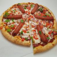 Dirty Dog Pizza · Hot dog, bacon, onion, fresh tomato, and cilantro.