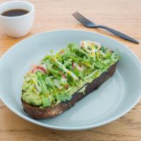 Classic Avocado Toast · Fresh baked country bread, avocado, arugula, pickled red onion and radish, chili oil and mal...