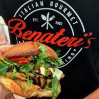 Bella's Delight · Fried eggplant with arugula, fresh mozzarella and roasted peppers and pesto.