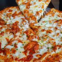 Buffalo Chicken Pizza · Fresh Buffalo style chicken pieces served over a crispy round pizza crust with blue cheese d...
