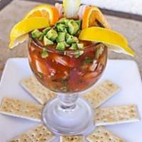 Campechana Cocktail · A mix of seafood, served in a large cocktail glass filled with our fresh cocktail sauce, shr...