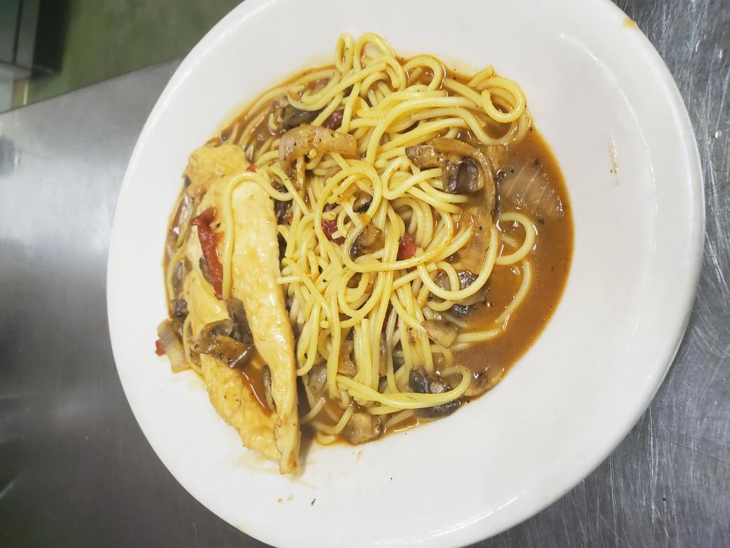 Chicken Marsala dinner  · Served spaghetti and fresh mushrooms lite white onions with Marsala wine sauce.
