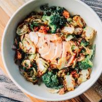 Triple Green Bowl (Keto) · Rotisserie chicken breast, chilled broccoli, green beans, kale, chicken cracklings, and cris...