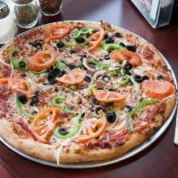 Vegetarian Pizza · Mushrooms, onions, green peppers, black olives and tomatoes.
