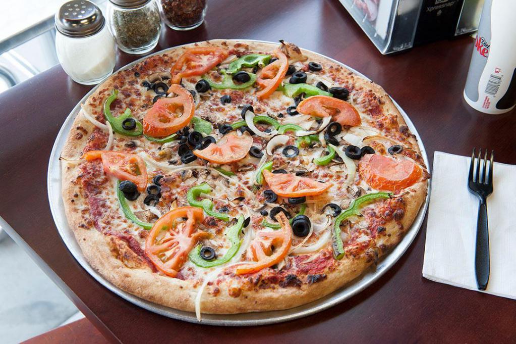 Vegetarian Pizza · Mushrooms, onions, green peppers, black olives and tomatoes.
