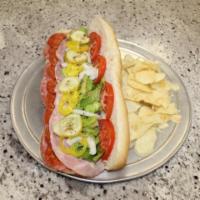 Italian Combo Sub · Ham, salami, pepperoni and provolone with lettuce, tomato, onions, banana peppers, pickles a...