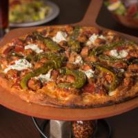 Paulie's Pie · Meatballs, sausage, hot or sweet peppers and ricotta cheese.
