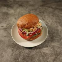19. Black Bean Burger · Homemade black bean burger, melted provolone, fresh tomato slices, red onion, lettuce with c...