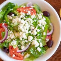 Greek Salad · Romaine lettuce, tomatoes, red onions, bell peppers, Kalamata olives, feta cheese and balsam...