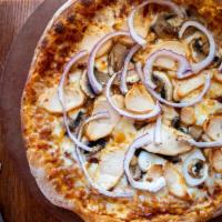 Spicy Chicken Pizza · Spicy roasted red pepper sauce, mozzarella cheese, grilled chicken, mushrooms, sun-dried tom...