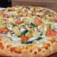 Spinach and Artichoke Pizza · Garlic herb sauce, tomatoes, mozzarella, baby spinach, artichokes, mushrooms, caramelized on...