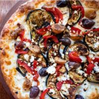 Roasted Eggplant Pizza · Garlic herb sauce, eggplant, sun-dried tomatoes, roasted red peppers, roasted garlic, feta c...