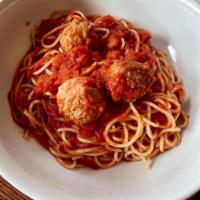 Spaghetti and Meatballs · Homemade marinara sauce served over spaghetti.