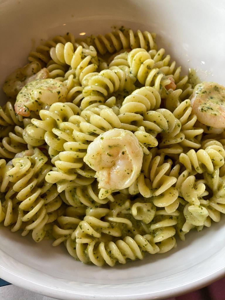 Pesto Pasta · Fusilli tossed with creamy pesto sauce. Add chicken or shrimp for an additional charge.