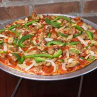 Works Pizza · Pepperoni, sausage, onions, green peppers and mushrooms.