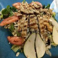 Insalata Del Boscue with chicken · Mixed leafs with Gorgonzola cheese, almonds, black olives, tomatoes and pears touched with h...