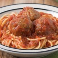 Spaghetti Works · Meatballs, sausage, mushrooms and marinara sauce all in 1 dish.