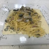 Spaghetti Carbonara · Mushrooms, Canadian bacon and black olives in Alfredo sauce.