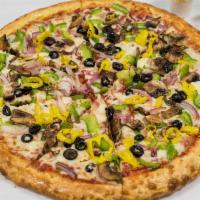 Veggie Pizza · Lots of mozzarella cheese, plus tomatoes, fresh mushrooms, onions, green peppers, black oliv...