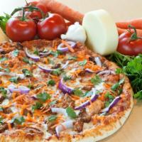 Barbecue Chicken Pizza · Grilled chicken breast, onions, cilantro, shredded carrots, BBQ sauce and red sauce.
