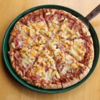 Aloha Chicken Pizza · Grilled chicken breast, ham, pineapple, bacon, BBQ sauce and red sauce.