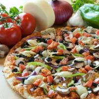 Classic Veggie Pizza · Tomatoes, bell peppers, onions, mushrooms, artichoke hearts, olives and red sauce.