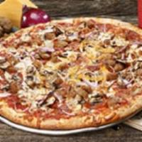 Railroad Grade Pizza · Italian sausage, pepperoni, fresh mushrooms, red onions, tomato sauce, mozzarella and cheddar.