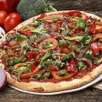 White Out Pizza · Fresh mushrooms, caramelized onions, broccoli, vine ripe tomatoes, roasted red peppers, fres...