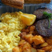 Booey's Platter · 2 eggs any style, choice of bacon, ham, sausage, home fried potatoes and choice of buttered ...