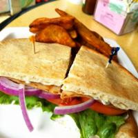 Chicken Gyro Combo · Chicken gyro slices, fresh shredded lettuce and tomato, red onion in a warmed Greek pita wit...