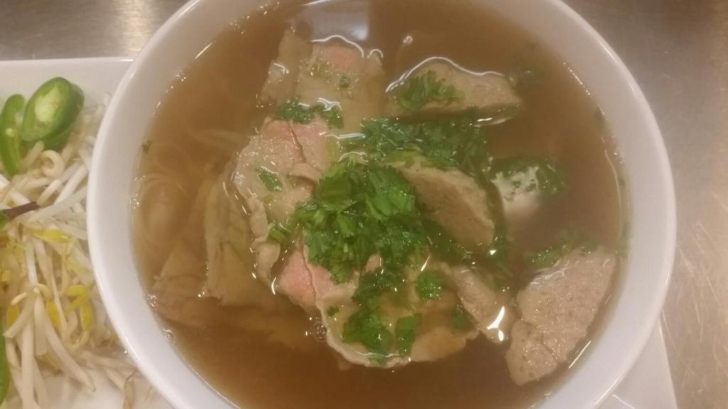 Beef Pho - Pho Bo · Steak, beef brisket, meatball in hearty beef broth and rice noodle. served with side of Thai basil, bean sprouts, jalapeno pepper and lime wedges.