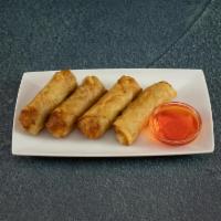3. Thai Egg Rolls · Egg roll skins stuffed with ground chicken, bean sprouts, carrots and cabbage, then deep fri...