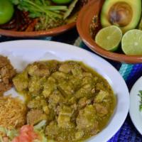 Chile Verde Plate · Cubed pork simmered in delicious salsa verde.