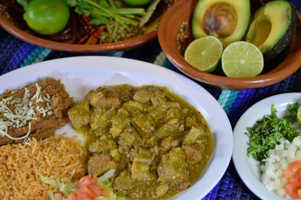 Chile Verde Plate · Cubed pork simmered in delicious salsa verde.