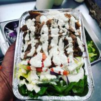 Lamb Gyro with Rice and Salad · Made with fresh homemade sauce and fresh marinated meat, comes with Basmati Rice, lettuce t...