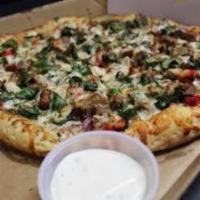 Greek Pizza · Gyro meat, spinach, red onions, tomatoes, black olives, tzatziki sauce, mozzarella, provolon...